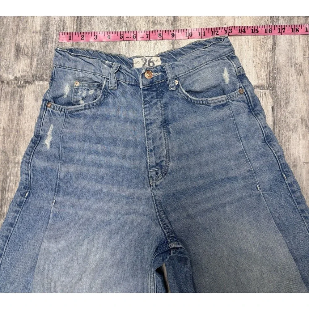 Free People We The Free High Rise Wide Leg Jeans Raw Hem Distressed 26 Boho